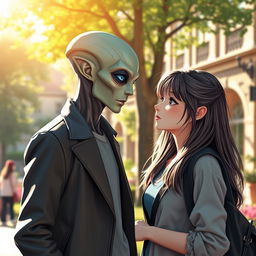 A captivating scene of a romantic encounter between an alien disguised as a human and a university girl