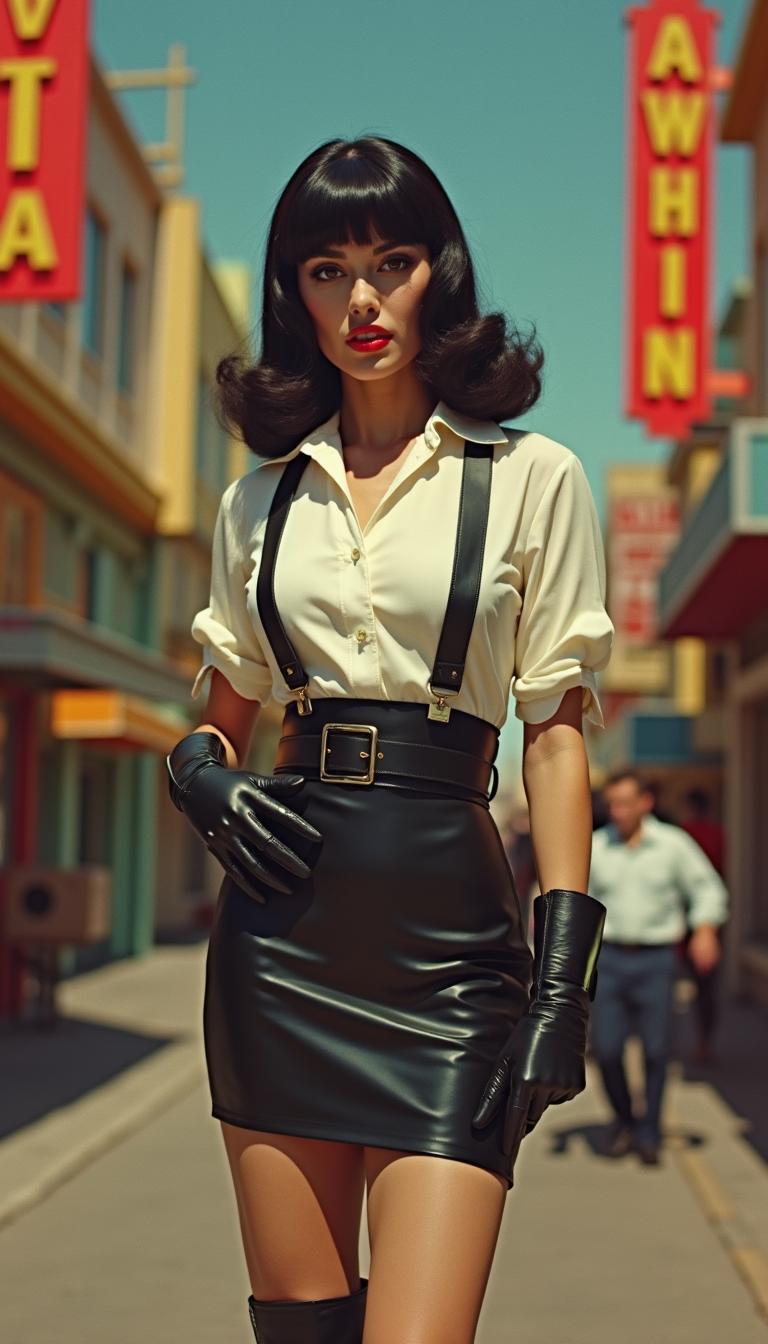 Bettie Page portrayed as a secret agent, styled with glamorous opera leather gloves, a form-fitting black tight leather skirt, a chic white blouse, and stylish stiletto boots