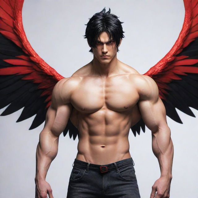 A muscular, anime-style male character with black hair and vibrant red eyes. He possesses impressive red and black wings.