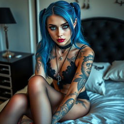 A stunning goth girl with vibrant blue hair and striking black eyeliner accentuating her captivating green eyes, adorned with pink lipstick on her lips