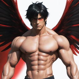 A muscular, anime-style male character with black hair and vibrant red eyes. He possesses impressive red and black wings.