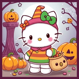 A whimsical illustration of Hello Kitty dressed up in an adorable customer costume for Halloween