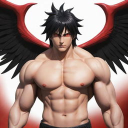 A muscular, anime-style male character with black hair and vibrant red eyes. He possesses impressive red and black wings.