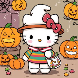 A whimsical illustration of Hello Kitty dressed up in an adorable customer costume for Halloween