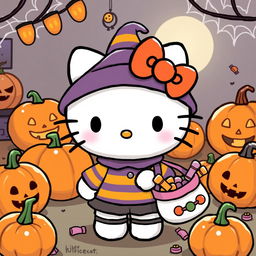 A whimsical illustration of Hello Kitty dressed up in an adorable customer costume for Halloween