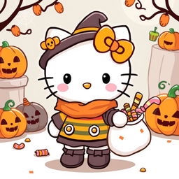 A whimsical illustration of Hello Kitty dressed up in an adorable customer costume for Halloween