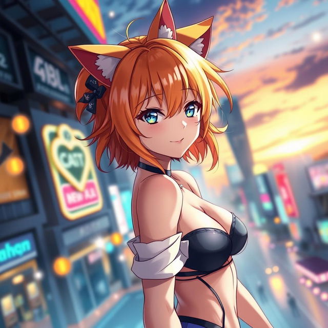 A sexy anime girl with striking blue eyes, vibrant orange hair styled in a playful way, and adorable cat ears perched on her head