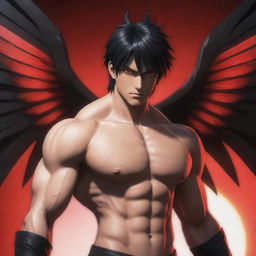 A muscular, anime-style male character with black hair and vibrant red eyes. He possesses impressive red and black wings.