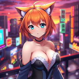 A sexy anime girl with striking blue eyes, vibrant orange hair styled in a playful way, and adorable cat ears perched on her head