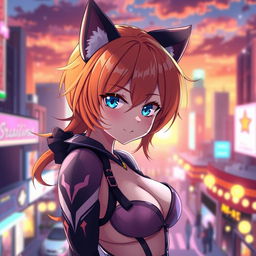 A sexy anime girl with striking blue eyes, vibrant orange hair styled in a playful way, and adorable cat ears perched on her head