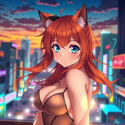 A sexy anime girl with striking blue eyes, vibrant orange hair styled in a playful way, and adorable cat ears perched on her head