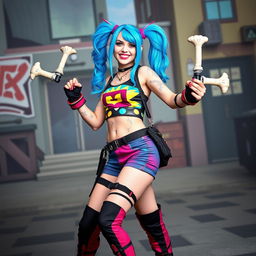 A vibrant and energetic cosplay of Jinx from League of Legends, showcasing her iconic look with wild blue hair styled in pigtails and a mischievous grin