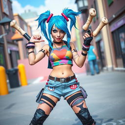 A vibrant and energetic cosplay of Jinx from League of Legends, showcasing her iconic look with wild blue hair styled in pigtails and a mischievous grin