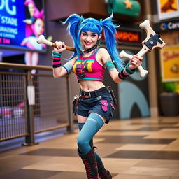 A vibrant and energetic cosplay of Jinx from League of Legends, showcasing her iconic look with wild blue hair styled in pigtails and a mischievous grin