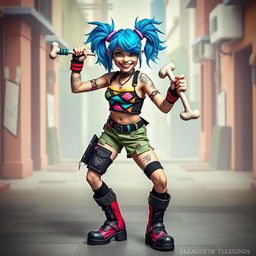 A vibrant and energetic cosplay of Jinx from League of Legends, showcasing her iconic look with wild blue hair styled in pigtails and a mischievous grin