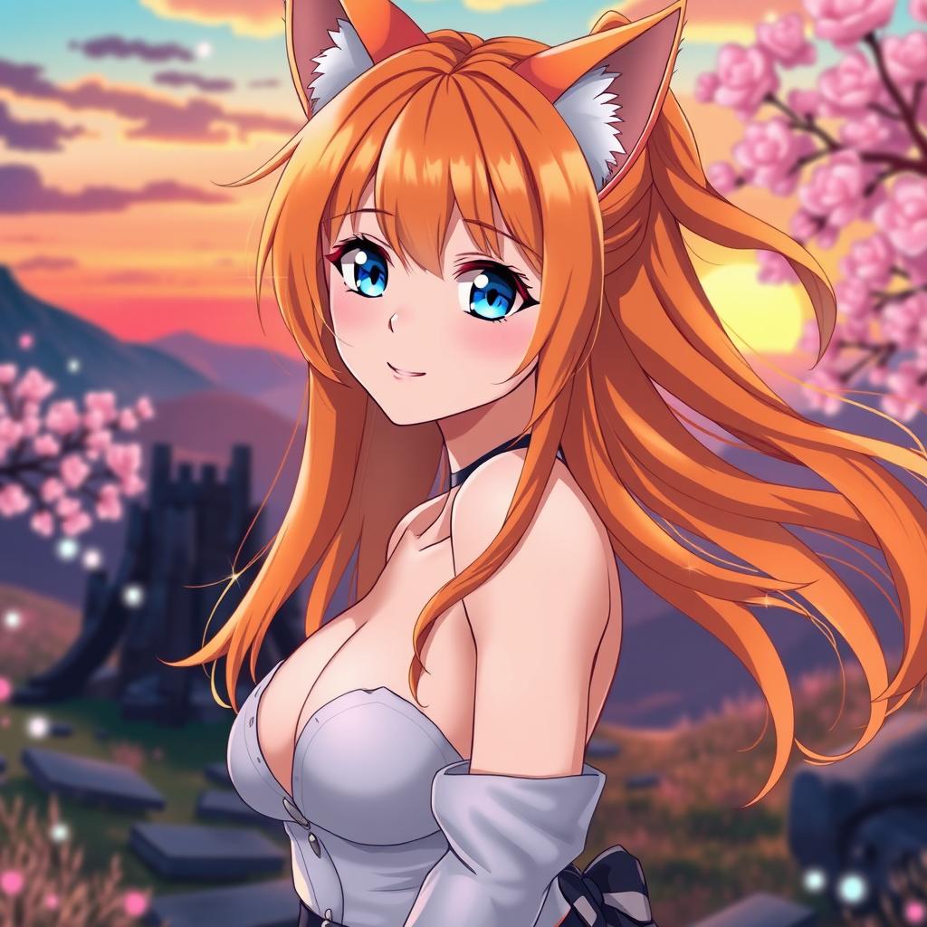 A sexy anime girl with captivating blue eyes, bright orange hair flowing in an enchanting style, and cute cat ears that add to her playful charm