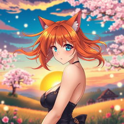 A sexy anime girl with captivating blue eyes, bright orange hair flowing in an enchanting style, and cute cat ears that add to her playful charm