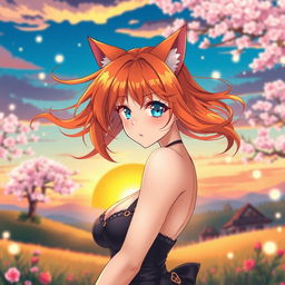 A sexy anime girl with captivating blue eyes, bright orange hair flowing in an enchanting style, and cute cat ears that add to her playful charm