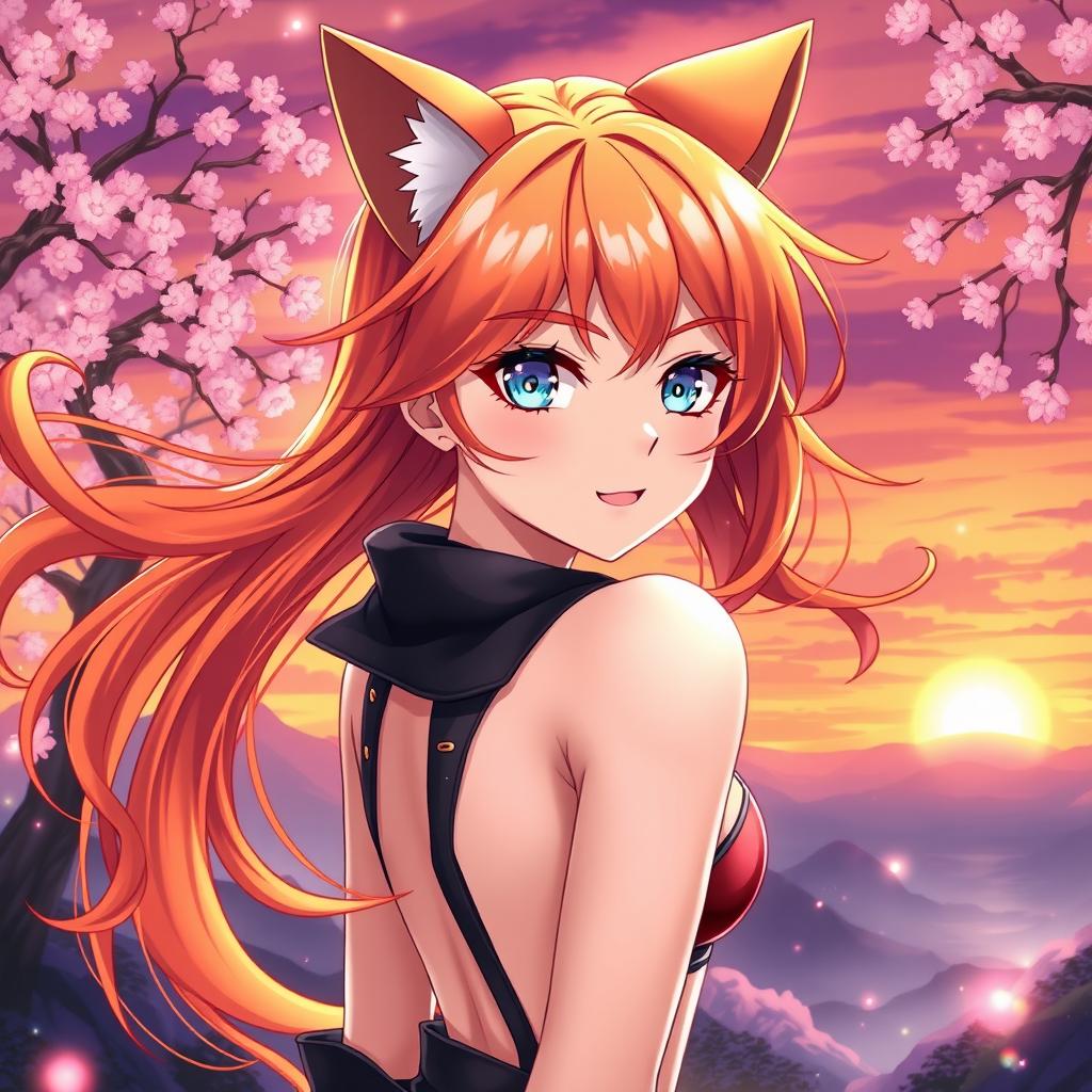 A sexy anime girl with captivating blue eyes, bright orange hair flowing in an enchanting style, and cute cat ears that add to her playful charm