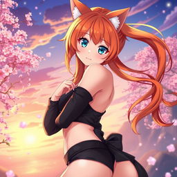 A sexy anime girl with captivating blue eyes, bright orange hair flowing in an enchanting style, and cute cat ears that add to her playful charm