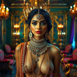 An Indian lady adorned with a full range of intricate Indian jewelry, including gems and chains