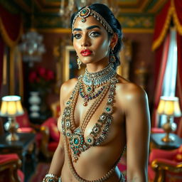 An Indian lady adorned with a full range of intricate Indian jewelry, including gems and chains