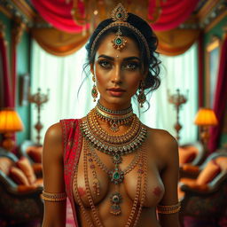 An Indian lady adorned with a full range of intricate Indian jewelry, including gems and chains