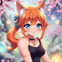 A sexy anime girl with mesmerizing blue eyes, radiant orange hair styled in playful waves, and enchanting cat ears that enhance her adorable look