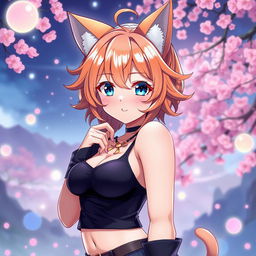 A sexy anime girl with mesmerizing blue eyes, radiant orange hair styled in playful waves, and enchanting cat ears that enhance her adorable look