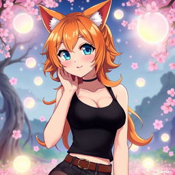 A sexy anime girl with mesmerizing blue eyes, radiant orange hair styled in playful waves, and enchanting cat ears that enhance her adorable look