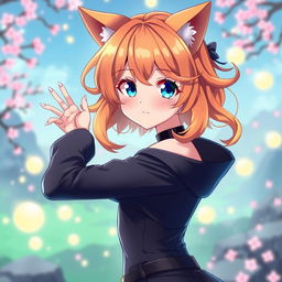 A sexy anime girl with mesmerizing blue eyes, radiant orange hair styled in playful waves, and enchanting cat ears that enhance her adorable look