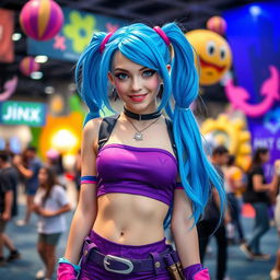 A realistic portrayal of a girl cosplaying as Jinx from League of Legends, featuring her signature blue hair styled in pigtails, a playful and mischievous expression, and vibrant costume with purple and pink colors