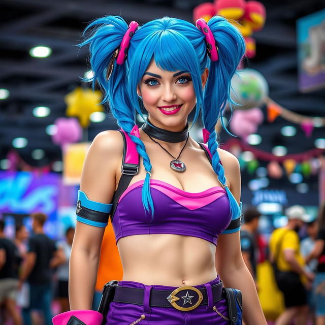 A realistic portrayal of a girl cosplaying as Jinx from League of Legends, featuring her signature blue hair styled in pigtails, a playful and mischievous expression, and vibrant costume with purple and pink colors