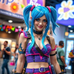 A realistic portrayal of a girl cosplaying as Jinx from League of Legends, featuring her signature blue hair styled in pigtails, a playful and mischievous expression, and vibrant costume with purple and pink colors