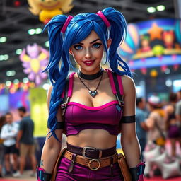 A realistic portrayal of a girl cosplaying as Jinx from League of Legends, featuring her signature blue hair styled in pigtails, a playful and mischievous expression, and vibrant costume with purple and pink colors