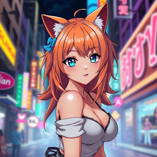 A sexy anime girl with striking blue eyes and vibrant orange hair, featuring cute cat ears