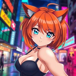 A sexy anime girl with striking blue eyes and vibrant orange hair, featuring cute cat ears