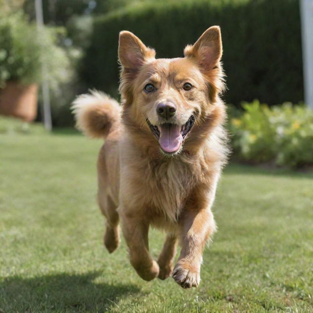 A joyful, playful dog with shiny fur and bright, expressive eyes, gleefully bounding across a well-maintained backyard garden.