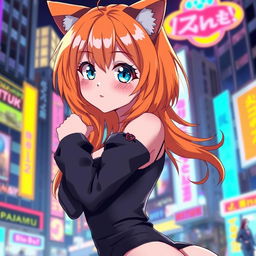 A sexy anime girl with striking blue eyes and vibrant orange hair, featuring cute cat ears