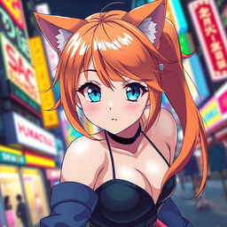 A sexy anime girl with striking blue eyes and vibrant orange hair, featuring cute cat ears