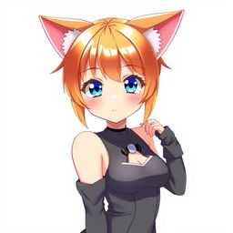 A sexy anime girl with striking blue eyes and vibrant orange hair, featuring adorable cat ears