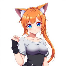 A sexy anime girl with striking blue eyes and vibrant orange hair, featuring adorable cat ears