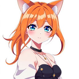 A sexy anime girl with striking blue eyes and vibrant orange hair, featuring adorable cat ears