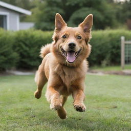 A joyful, playful dog with shiny fur and bright, expressive eyes, gleefully bounding across a well-maintained backyard garden.