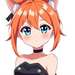 A sexy anime girl with striking blue eyes and vibrant orange hair, featuring adorable cat ears