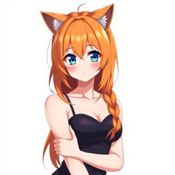 A sexy adult anime girl with captivating blue eyes and vibrant orange hair, adorned with cute cat ears