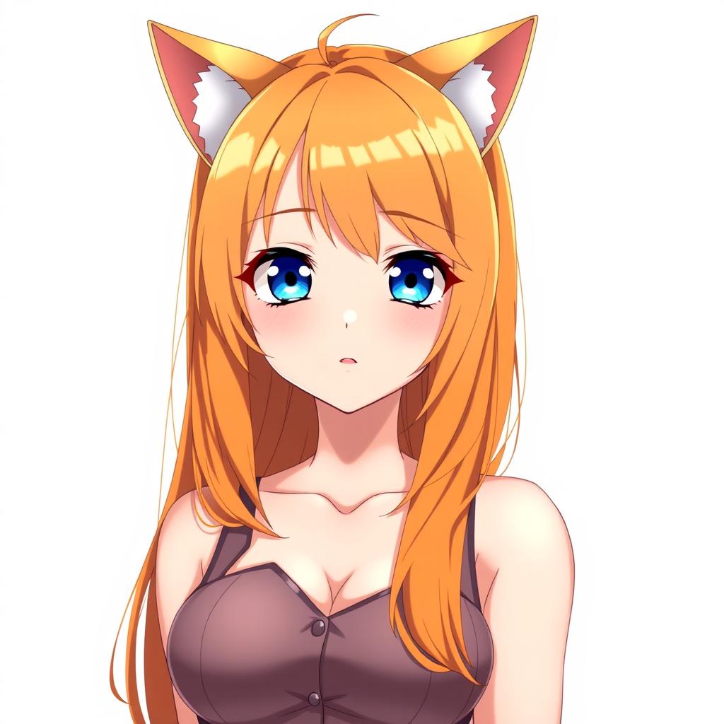 A sexy adult anime girl with captivating blue eyes and vibrant orange hair, adorned with cute cat ears