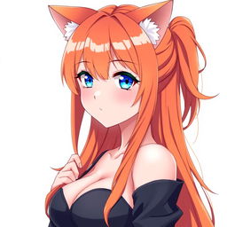 A sexy adult anime girl with captivating blue eyes and vibrant orange hair, adorned with cute cat ears