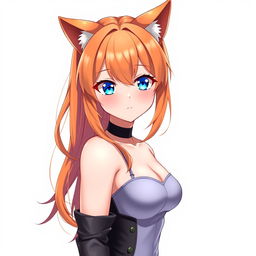 A sexy adult anime girl with captivating blue eyes and vibrant orange hair, adorned with cute cat ears