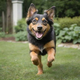 A joyful, playful dog with shiny fur and bright, expressive eyes, gleefully bounding across a well-maintained backyard garden.